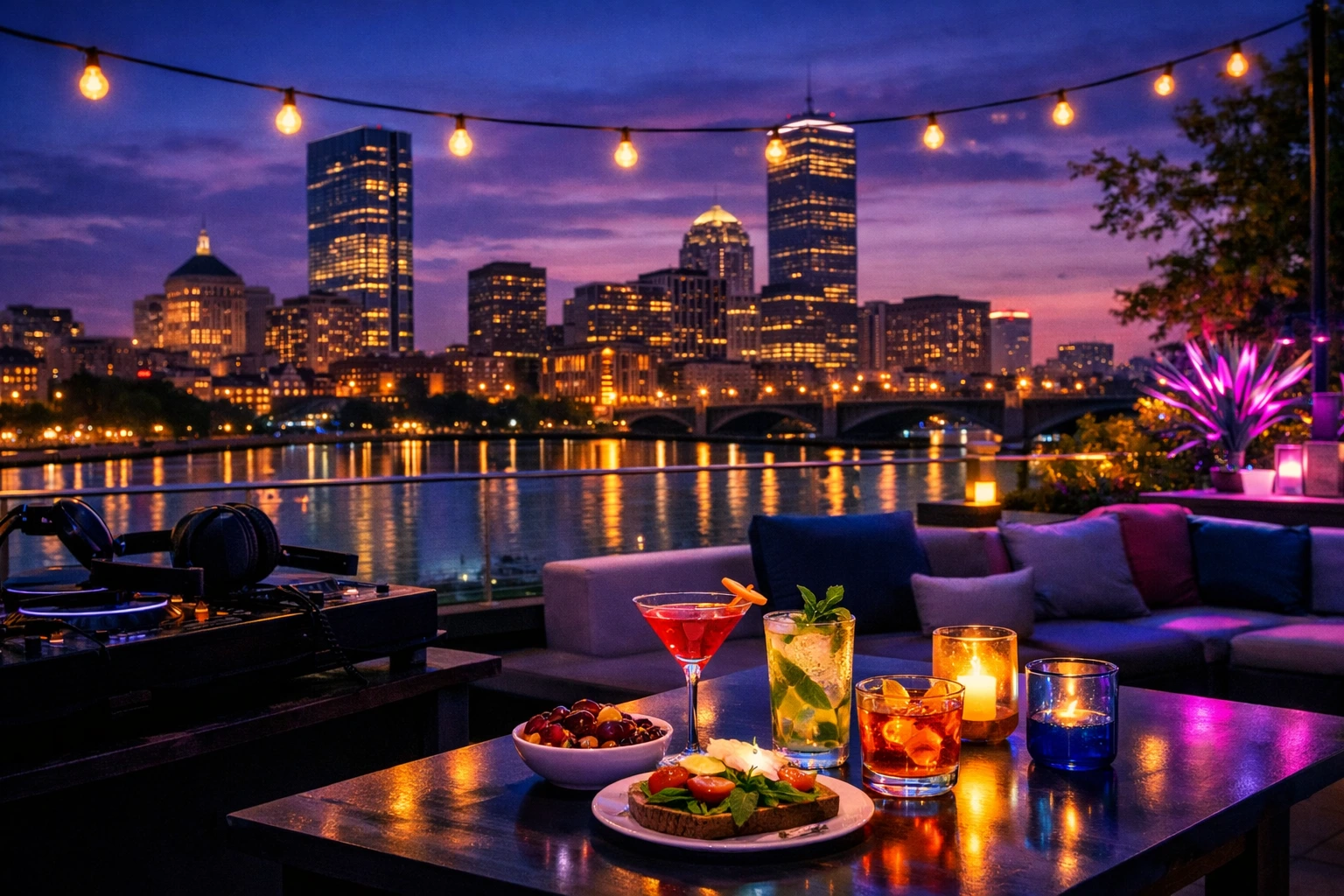 Boston rooftop at twilight with skyline views, DJ turntable silhouette, and ambient neon lighting.