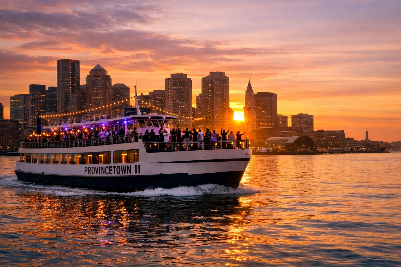 Summer sunset over Boston Harbor with the Provincetown II and people dancing on deck during Boston summer cruises