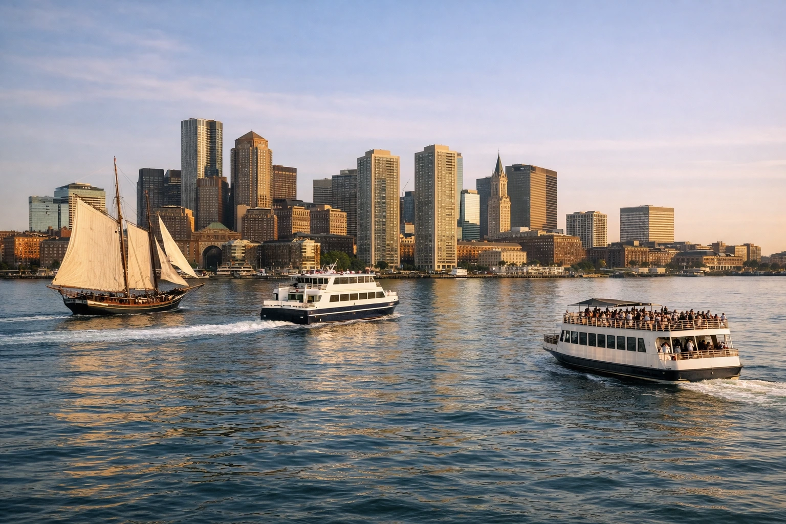 Tall ship, ferry, and sightseeing boat on Boston Harbor — types of cruises in Boston.