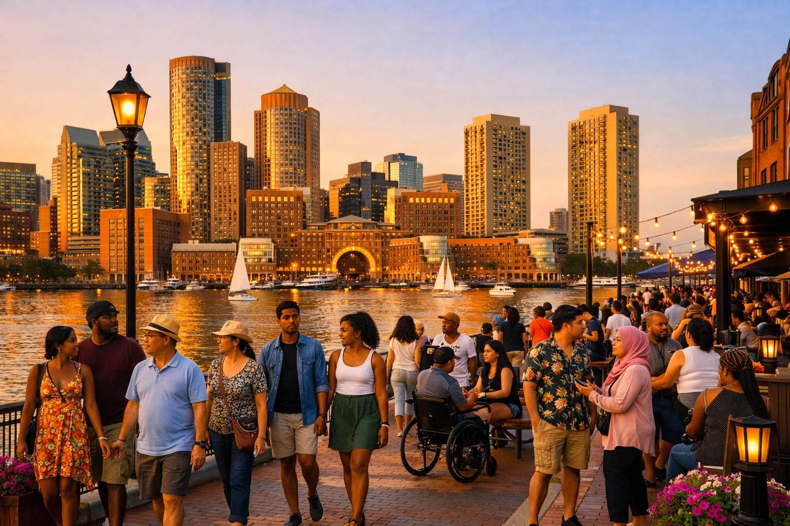 Summer sunset over Boston Harbor with the Provincetown II and people dancing on deck during Boston summer cruises