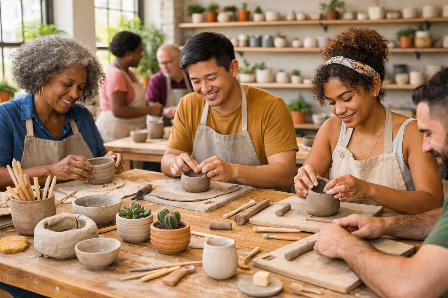 People hand‑building clay plant pots in a bright pottery studio during a beginner workshop