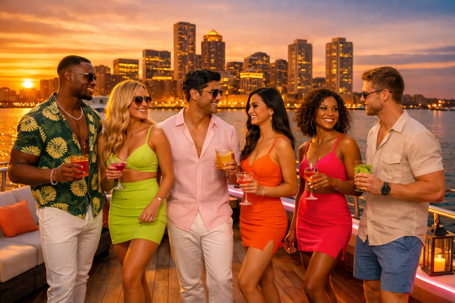 Guests posing and mingling on a sunset harbor cruise with bold, U.S. Love Island–style energy.