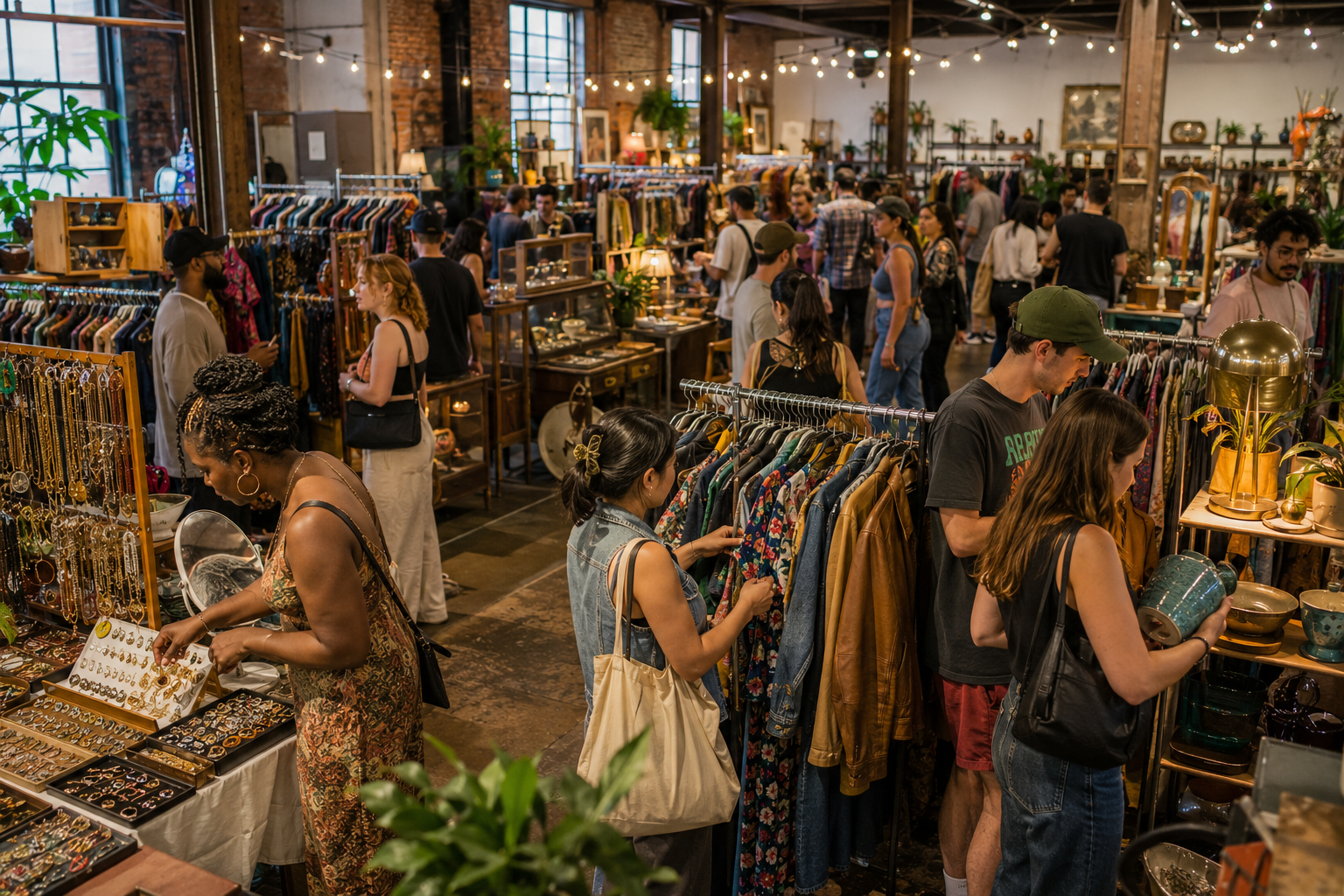 Shoppers browsing curated vintage booths at SoWa Vintage Market in Boston’s South End.