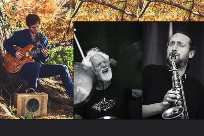 Jazz musicians John Dalton on guitar, Peter Perfido on drums, and Dominique Humbert on saxophone